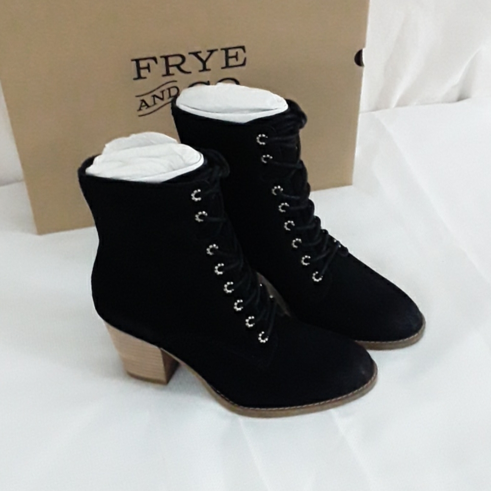 Frye Black Ankle Boots with Tan Heel